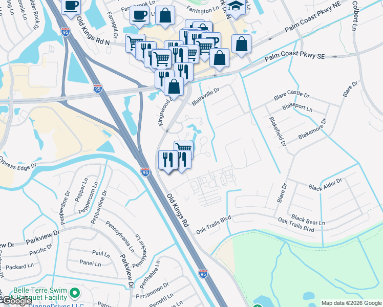 map of restaurants, bars, coffee shops, grocery stores, and more near 51 Hembury Lane in Palm Coast