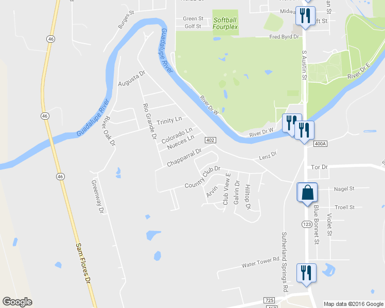map of restaurants, bars, coffee shops, grocery stores, and more near 143 Chapparral Drive in Seguin