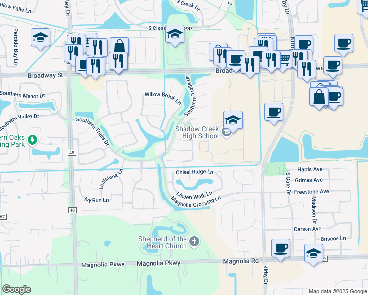 map of restaurants, bars, coffee shops, grocery stores, and more near 12008 Dawn Mist Court in Pearland
