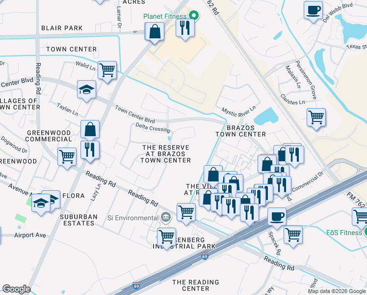 map of restaurants, bars, coffee shops, grocery stores, and more near 1415 Bell Ridge Lane in Rosenberg