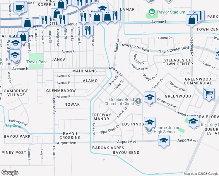 map of restaurants, bars, coffee shops, grocery stores, and more near 1704 Jones Street in Rosenberg