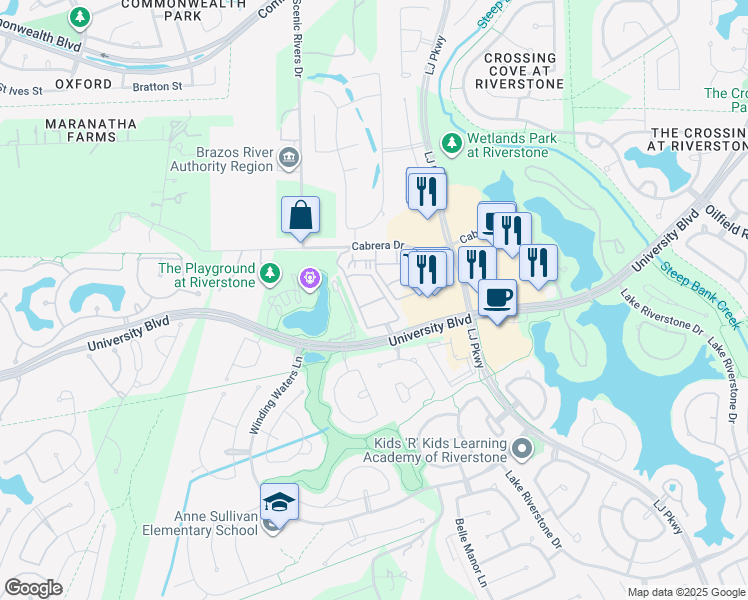 map of restaurants, bars, coffee shops, grocery stores, and more near 18545 University Boulevard in Sugar Land