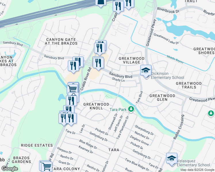map of restaurants, bars, coffee shops, grocery stores, and more near 6735 Flowermound Drive in Sugar Land