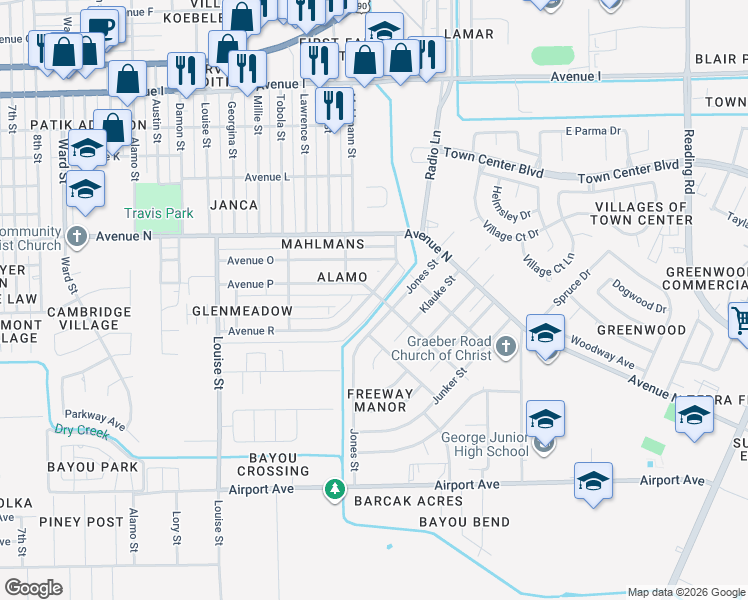 map of restaurants, bars, coffee shops, grocery stores, and more near 3832 Avenue R in Rosenberg