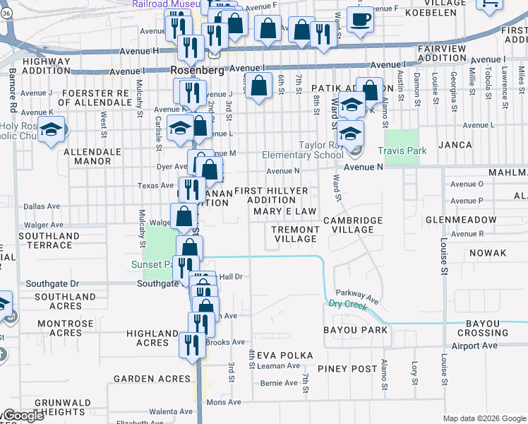 map of restaurants, bars, coffee shops, grocery stores, and more near 1719 4th Street in Rosenberg