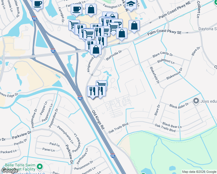 map of restaurants, bars, coffee shops, grocery stores, and more near 51 Hembury Lane in Palm Coast