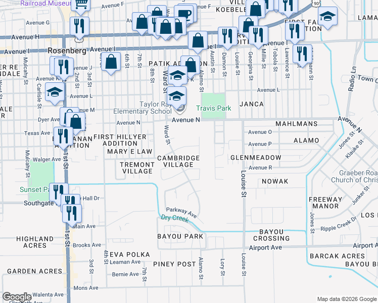 map of restaurants, bars, coffee shops, grocery stores, and more near in Rosenberg