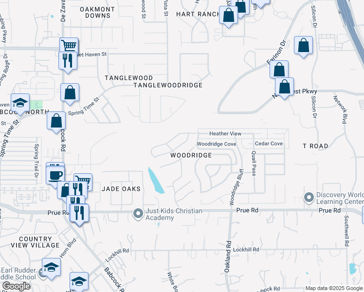 map of restaurants, bars, coffee shops, grocery stores, and more near 6022 Wood Pass in San Antonio