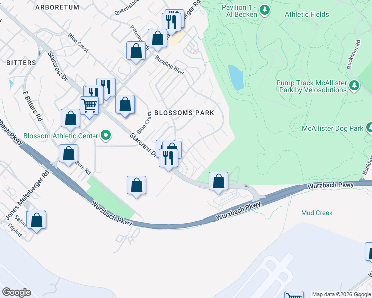 map of restaurants, bars, coffee shops, grocery stores, and more near 2203 Orange Blossom Street in San Antonio