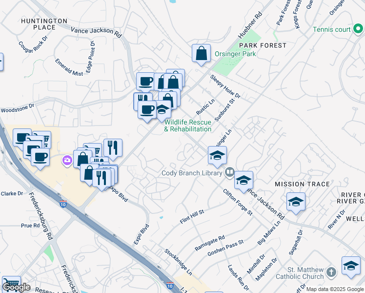 map of restaurants, bars, coffee shops, grocery stores, and more near 11815 Vance Jackson Road in San Antonio