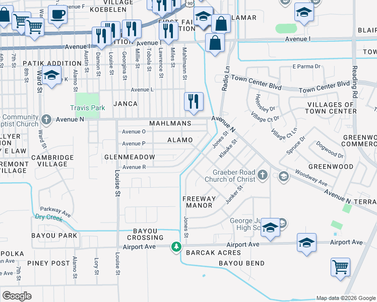 map of restaurants, bars, coffee shops, grocery stores, and more near 3832 Avenue R in Rosenberg