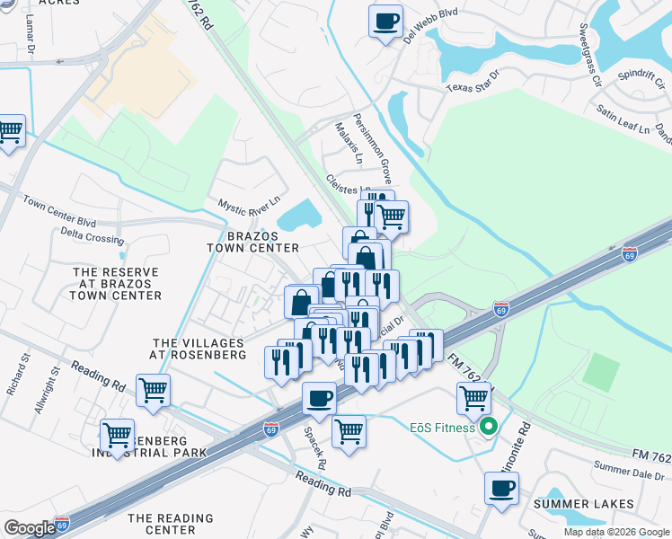 map of restaurants, bars, coffee shops, grocery stores, and more near 3427 Harvest Meadow Lane in Rosenberg