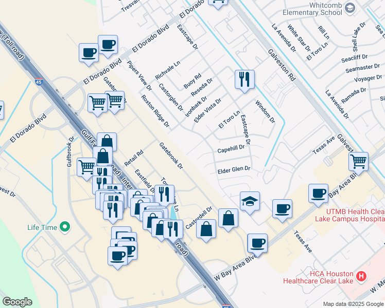 map of restaurants, bars, coffee shops, grocery stores, and more near 307 El Toro Lane in Webster