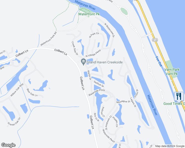 map of restaurants, bars, coffee shops, grocery stores, and more near 8 Lakeside Way in Palm Coast
