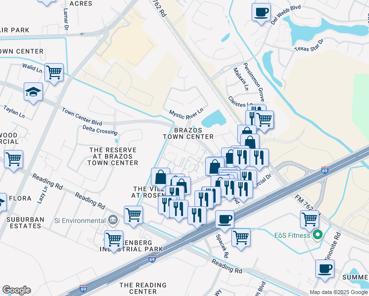 map of restaurants, bars, coffee shops, grocery stores, and more near 7204 Town Center Boulevard in Rosenberg
