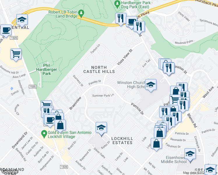 map of restaurants, bars, coffee shops, grocery stores, and more near 1709 Patricia in San Antonio