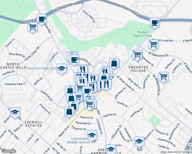 map of restaurants, bars, coffee shops, grocery stores, and more near 11838 Parliament Street in San Antonio