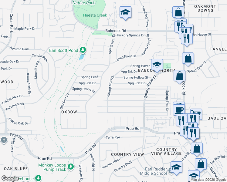 map of restaurants, bars, coffee shops, grocery stores, and more near 6846 Spring Manor Street in San Antonio