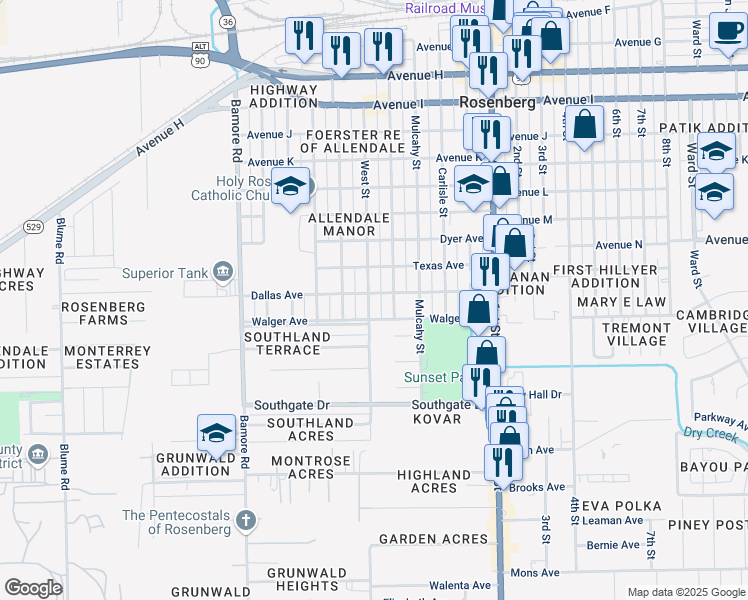 map of restaurants, bars, coffee shops, grocery stores, and more near 1803 West Street in Rosenberg