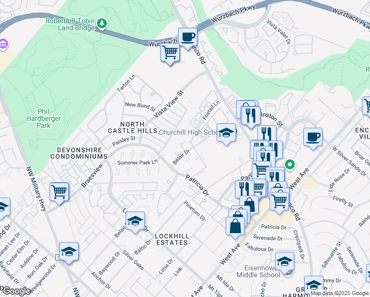 map of restaurants, bars, coffee shops, grocery stores, and more near 11851 Belair Drive in San Antonio