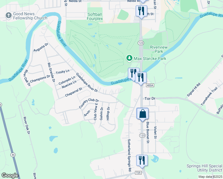 map of restaurants, bars, coffee shops, grocery stores, and more near 150 Guadalupe River Drive in Seguin