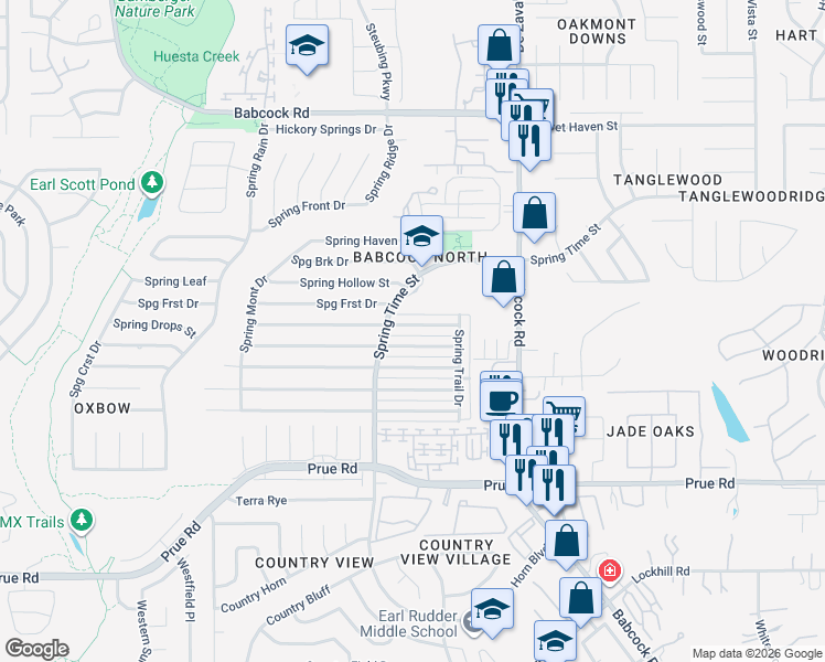 map of restaurants, bars, coffee shops, grocery stores, and more near 6610 Spring Manor Street in San Antonio