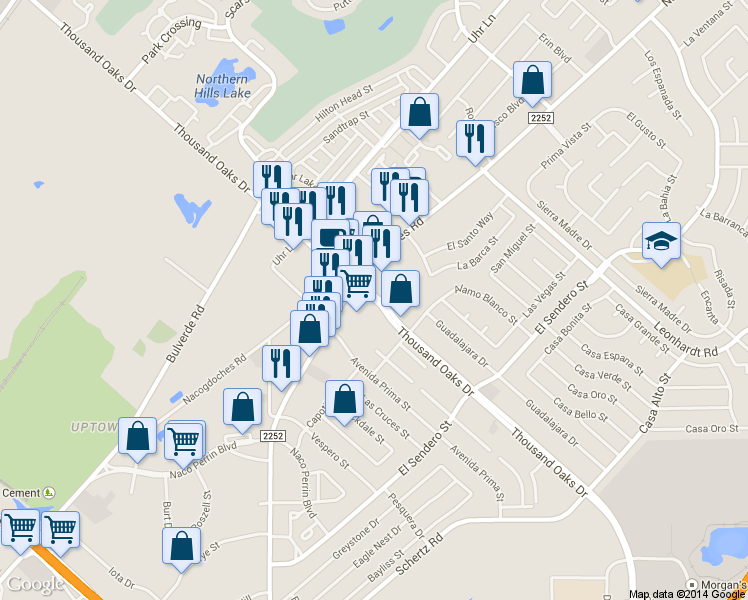 map of restaurants, bars, coffee shops, grocery stores, and more near 4461 Thousand Oaks Drive in San Antonio