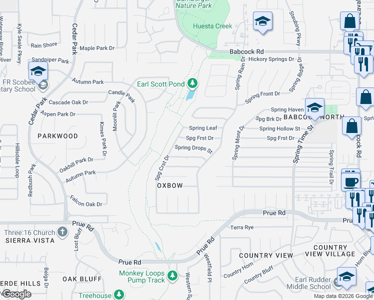 map of restaurants, bars, coffee shops, grocery stores, and more near 7206 Spring Drops Street in San Antonio