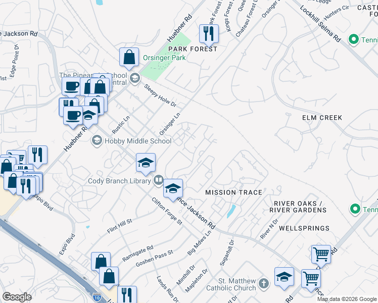 map of restaurants, bars, coffee shops, grocery stores, and more near 11530 Vance Jackson Road in San Antonio