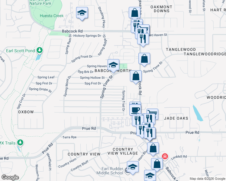 map of restaurants, bars, coffee shops, grocery stores, and more near 6610 Spring Manor Street in San Antonio
