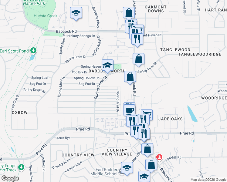 map of restaurants, bars, coffee shops, grocery stores, and more near 6505 Spring Manor Street in San Antonio