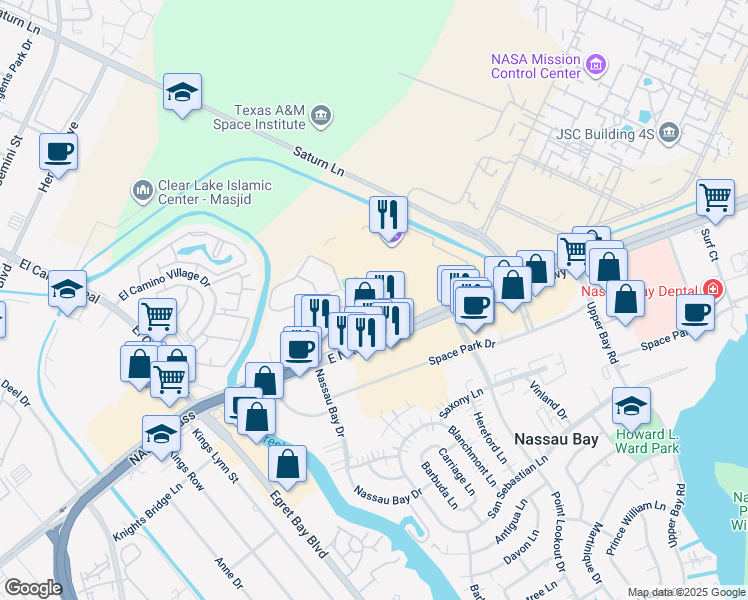 map of restaurants, bars, coffee shops, grocery stores, and more near 17911 Kings Park Lane in Houston