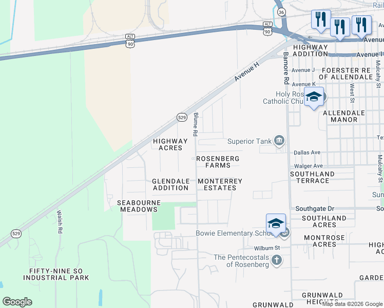 map of restaurants, bars, coffee shops, grocery stores, and more near 332 Blume Road in Rosenberg
