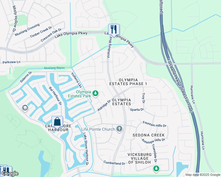map of restaurants, bars, coffee shops, grocery stores, and more near 2603 Atlas Drive in Missouri City