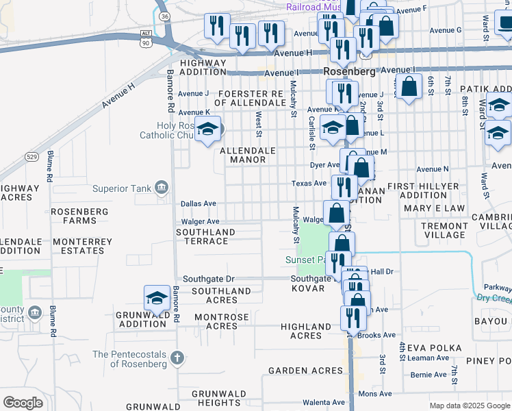 map of restaurants, bars, coffee shops, grocery stores, and more near 1803 West Street in Rosenberg