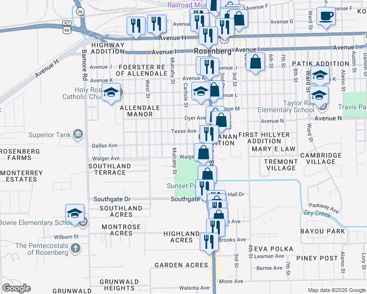 map of restaurants, bars, coffee shops, grocery stores, and more near 1800 Carlisle Street in Rosenberg