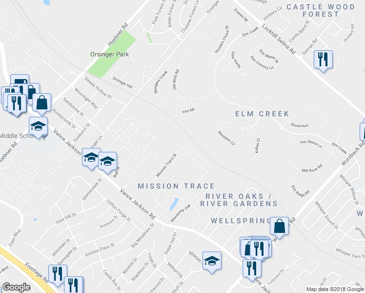 map of restaurants, bars, coffee shops, grocery stores, and more near 10610 Mill Pond Street in San Antonio