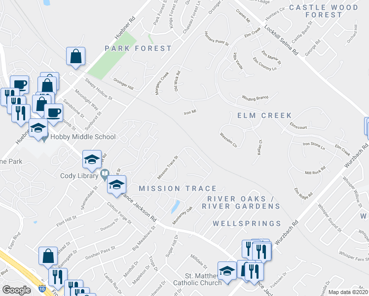 map of restaurants, bars, coffee shops, grocery stores, and more near 10614 Mill Pond Street in San Antonio