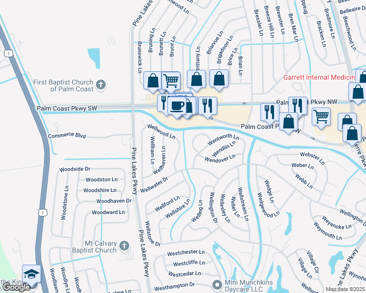 map of restaurants, bars, coffee shops, grocery stores, and more near 119 Wellwood Lane in Palm Coast