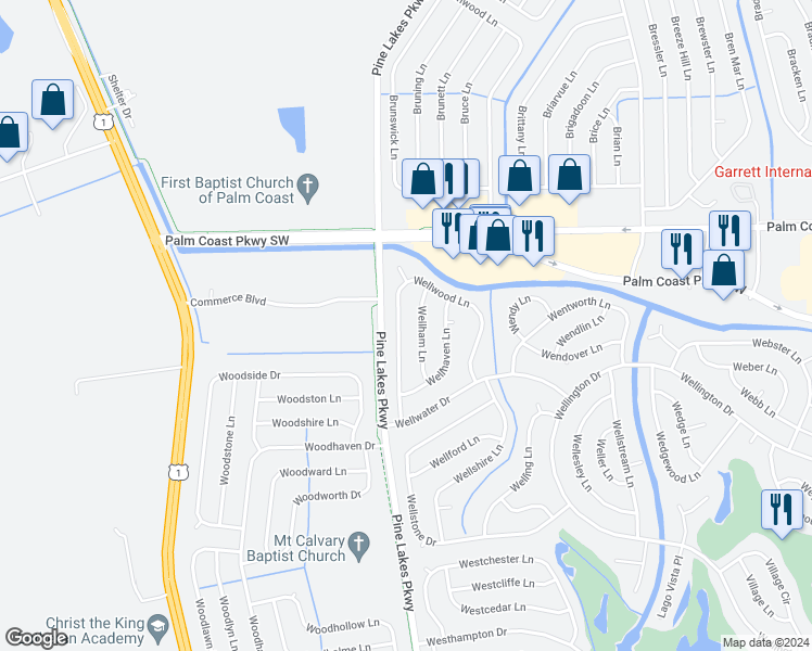 map of restaurants, bars, coffee shops, grocery stores, and more near 29 Wellham Lane in Palm Coast
