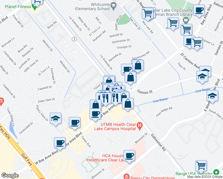 map of restaurants, bars, coffee shops, grocery stores, and more near 16660 Texas 3 in Webster