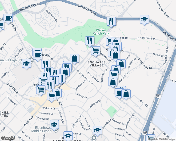 map of restaurants, bars, coffee shops, grocery stores, and more near 618 Chauncey Drive in San Antonio