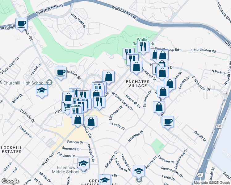 map of restaurants, bars, coffee shops, grocery stores, and more near 11803 Petal Drive in San Antonio