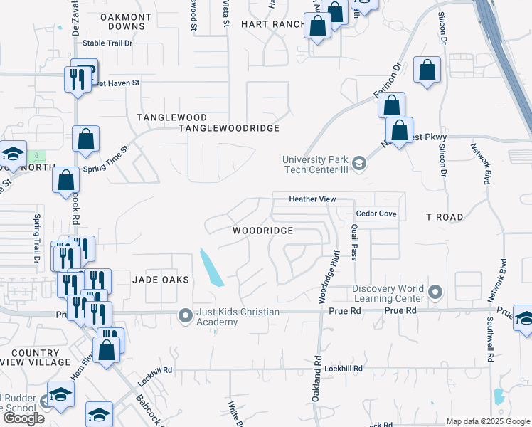 map of restaurants, bars, coffee shops, grocery stores, and more near 6022 Wood Pass in San Antonio