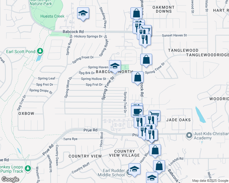 map of restaurants, bars, coffee shops, grocery stores, and more near 6610 Spring Manor Street in San Antonio