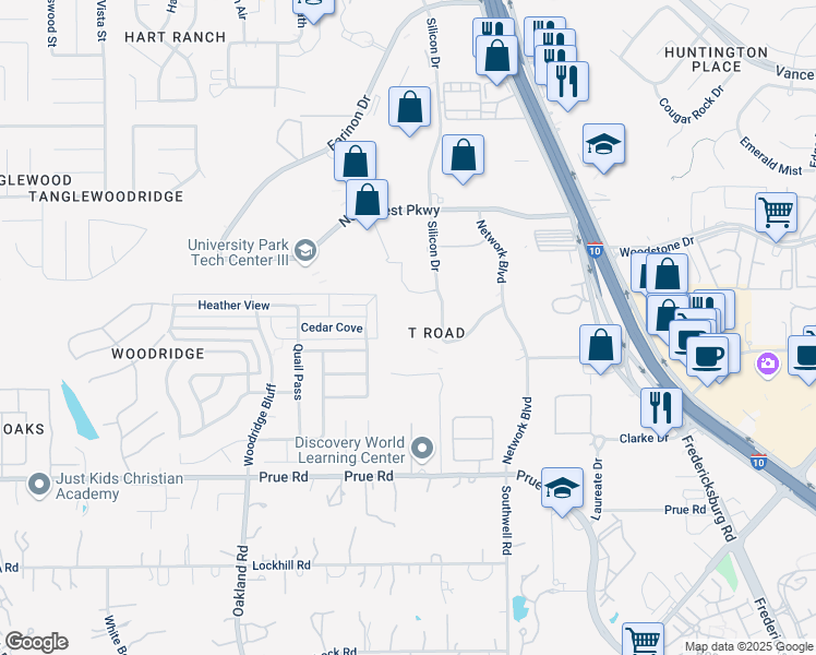 map of restaurants, bars, coffee shops, grocery stores, and more near 12238 Silicon Drive in San Antonio