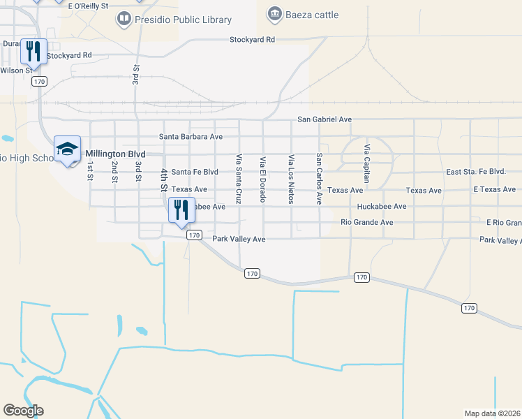 map of restaurants, bars, coffee shops, grocery stores, and more near Huckabee Avenue in Presidio
