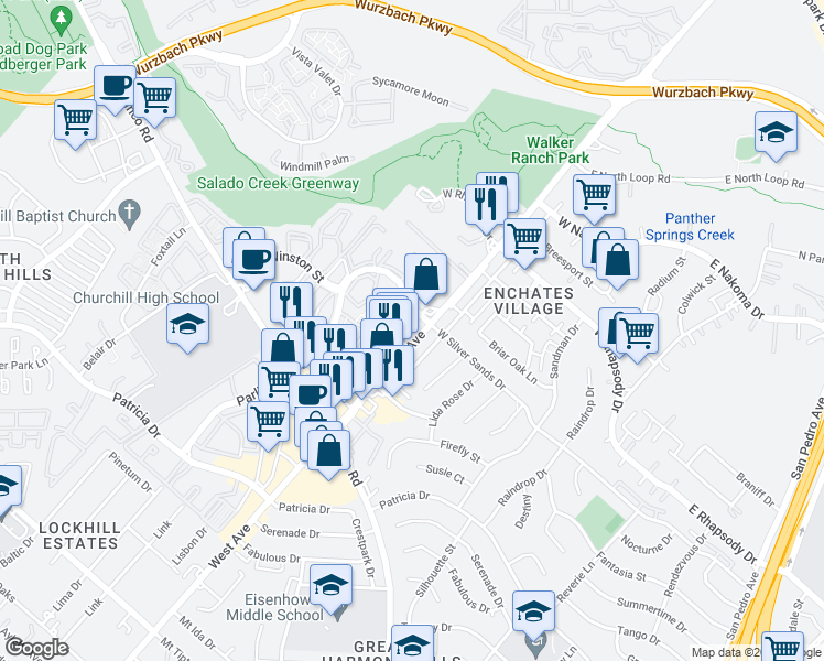 map of restaurants, bars, coffee shops, grocery stores, and more near 11845 West Avenue in San Antonio