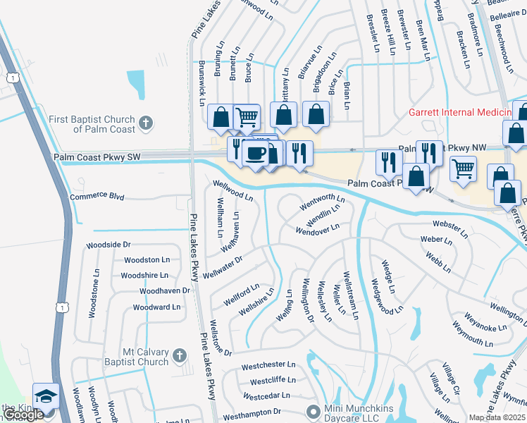 map of restaurants, bars, coffee shops, grocery stores, and more near 119 Wellwood Ln in Palm Coast