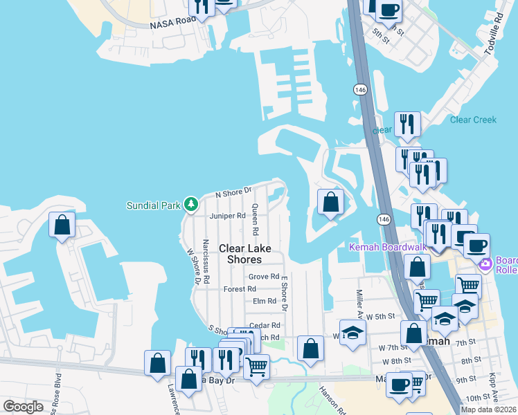 map of restaurants, bars, coffee shops, grocery stores, and more near 140 Rosewood Drive in Clear Lake Shores